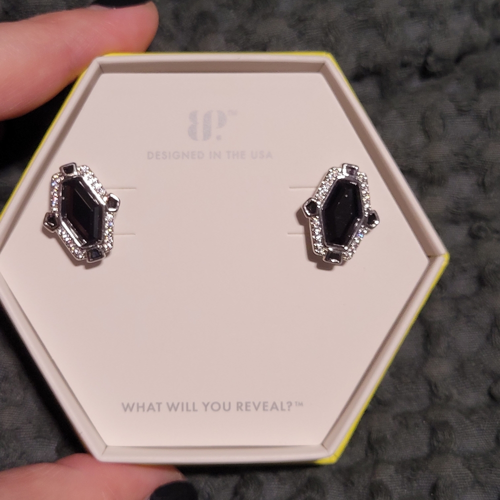 Black Onyx Hexagon Stud Earrings with Pavé Accents